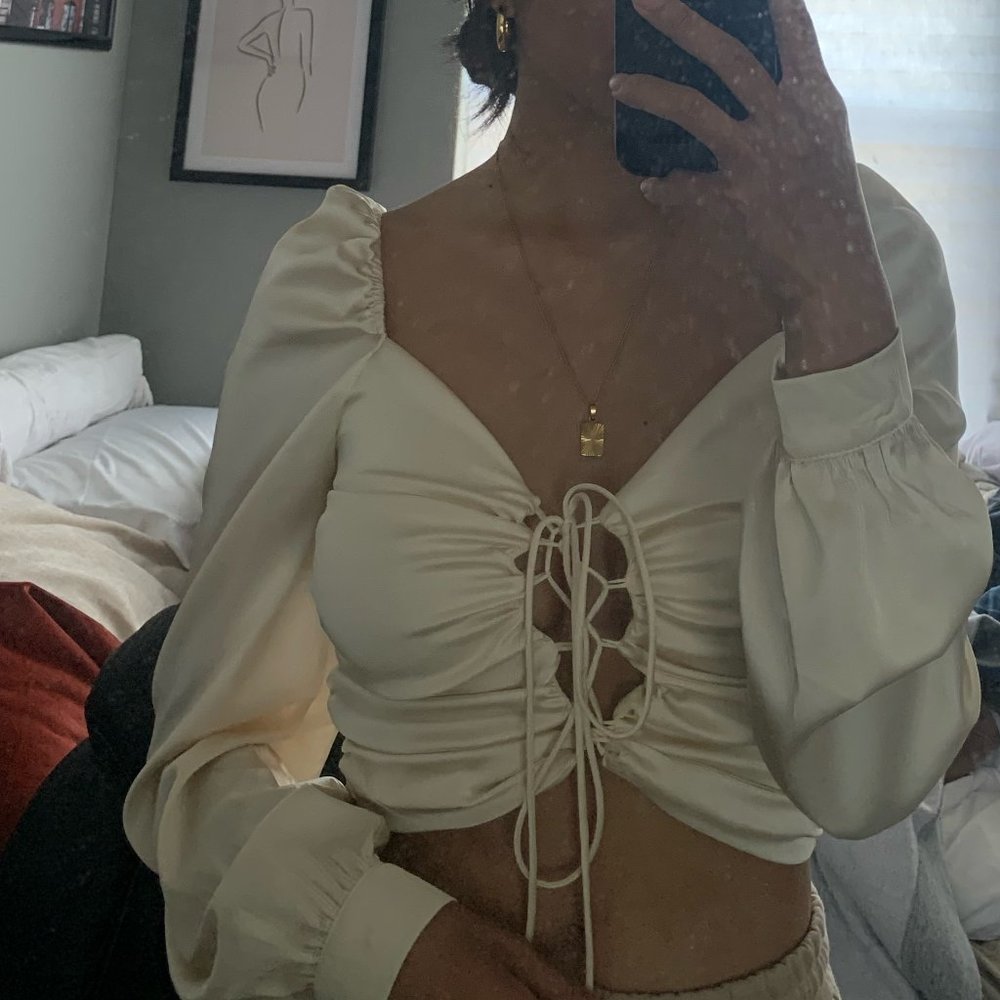 Ivory Silk Strappy Long Sleeve Top